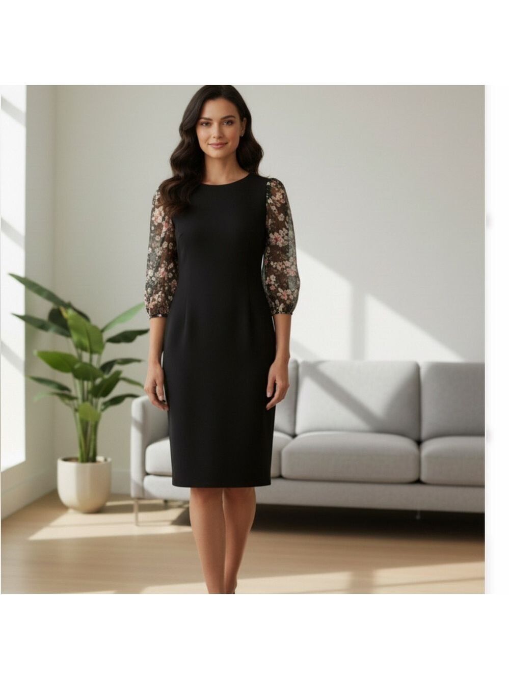 Judith & Charles Embroidered Sheer Puff Sleeves Black Sheath Dress Sz 2